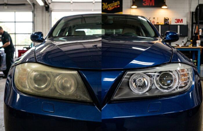 Professional headlight restoration showing a cloudy yellow headlight transformed into a clear polished lens.