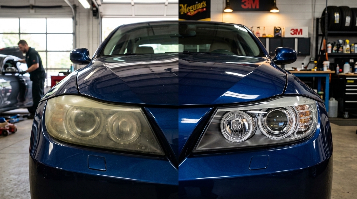 Professional headlight restoration showing a cloudy yellow headlight transformed into a clear polished lens.