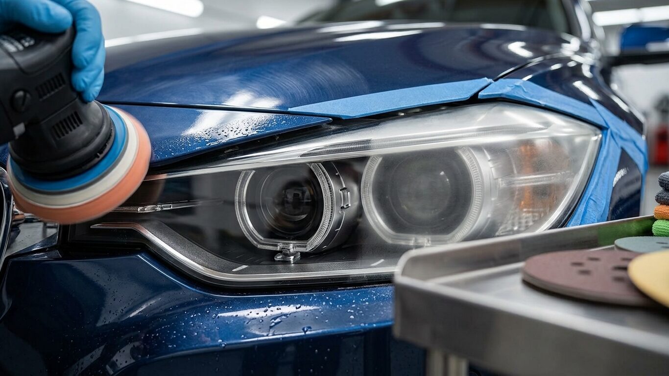 Professional headlight restoration compared with DIY tools for repairing cloudy vehicle headlights.