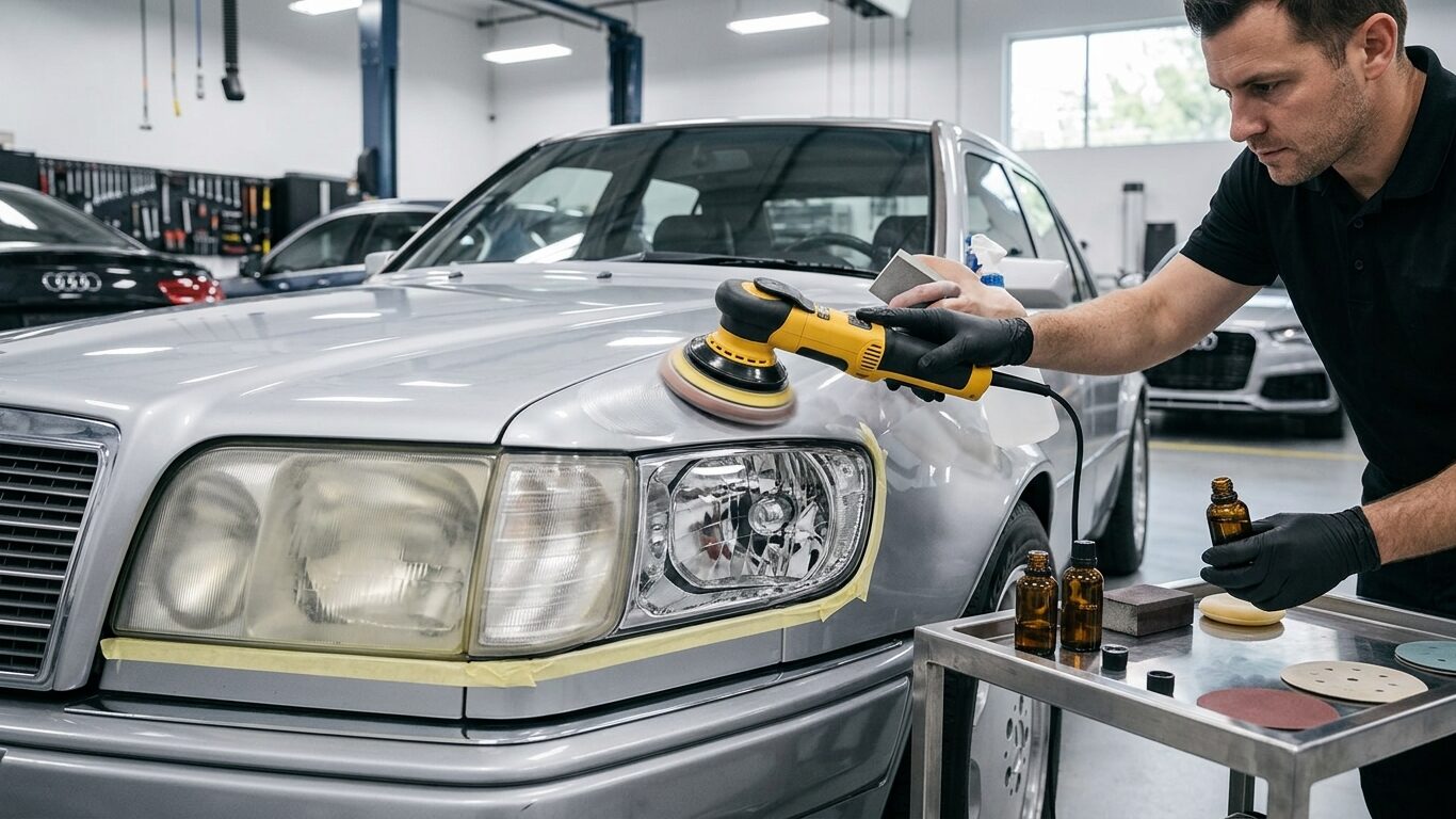 Headlight Restoration vs Replacement with an expert technician polishing a yellow, oxidized headlight lens.