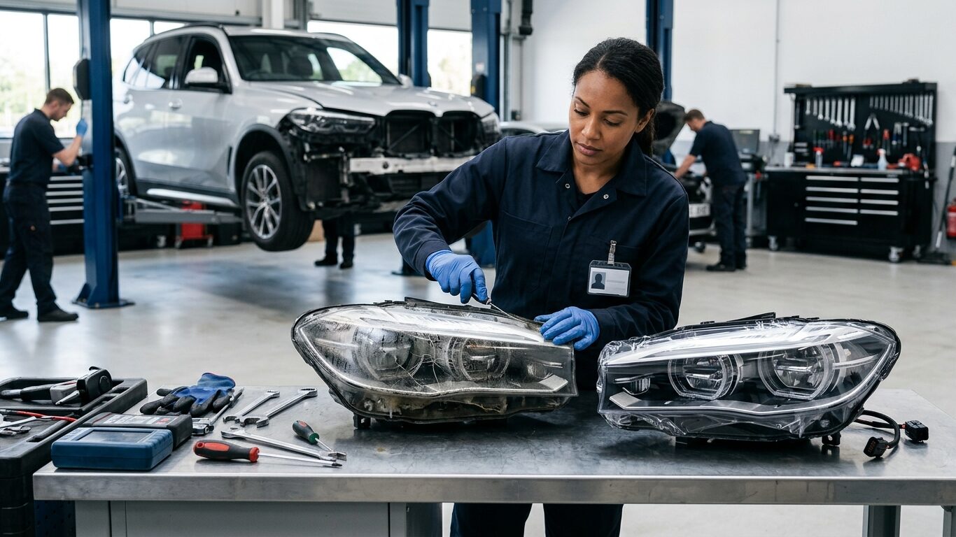 Headlight Restoration vs Replacement showing a cracked, moisture-damaged headlight that requires replacement.
