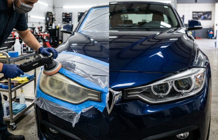 Professional headlight restoration showing a cloudy yellow headlight transformed into a clear polished lens.