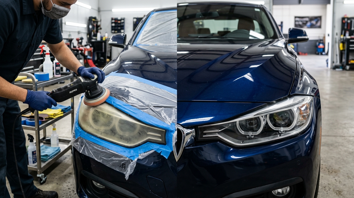 Professional headlight restoration showing a cloudy yellow headlight transformed into a clear polished lens.