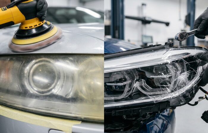 Headlight Restoration vs Replacement comparison showing a cloudy headlight being restored and a damaged assembly being replaced.