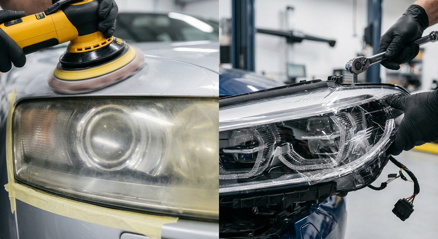 Headlight Restoration vs Replacement comparison showing a cloudy headlight being restored and a damaged assembly being replaced.
