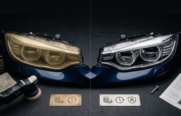 Headlight Restoration vs Replacement comparison showing a cloudy headlight being restored and a damaged assembly being replaced.