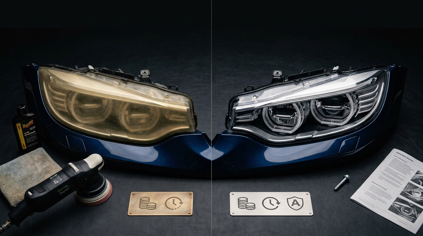 Headlight Restoration vs Replacement comparison showing a cloudy headlight being restored and a damaged assembly being replaced.