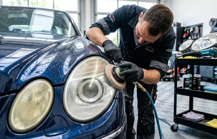 Headlight restoration cost for professional polishing and oxidation removal on cloudy headlights.
