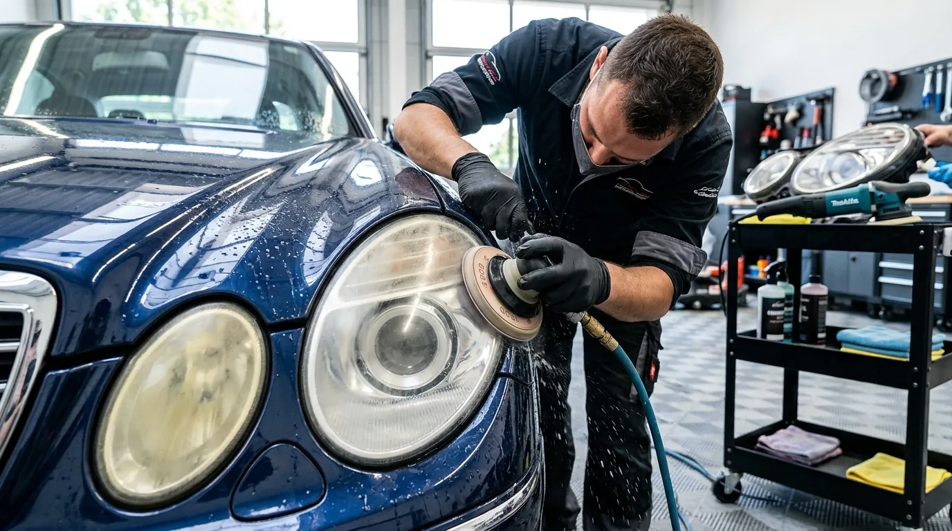 Headlight restoration cost for professional polishing and oxidation removal on cloudy headlights.