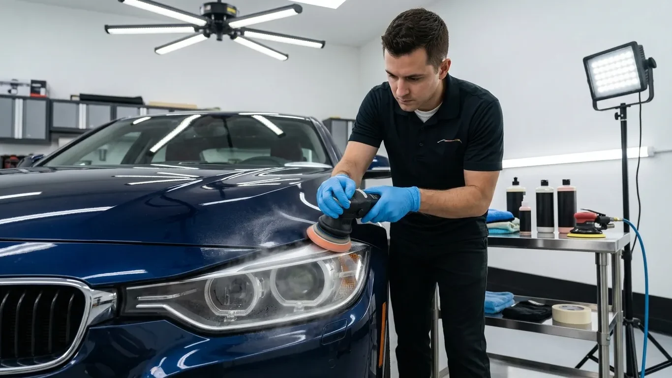 Why are my headlights foggy? Professional headlight restoration removing oxidation and cloudy haze.
