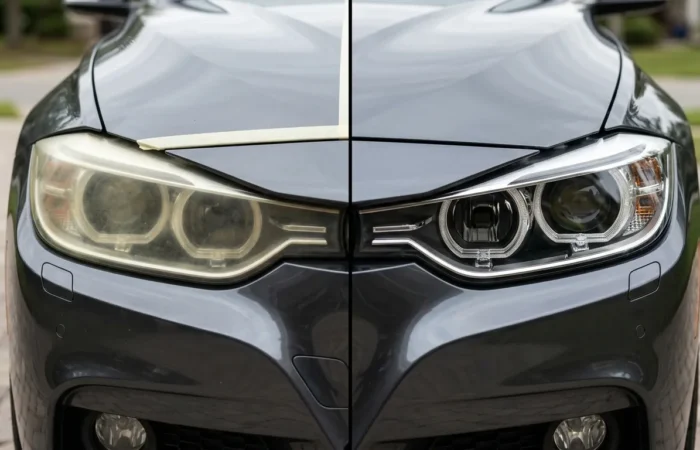 Why are my headlights foggy? Oxidized headlight compared with a professionally restored clear lens.