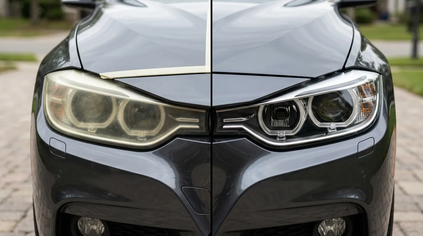 Why are my headlights foggy? Oxidized headlight compared with a professionally restored clear lens.