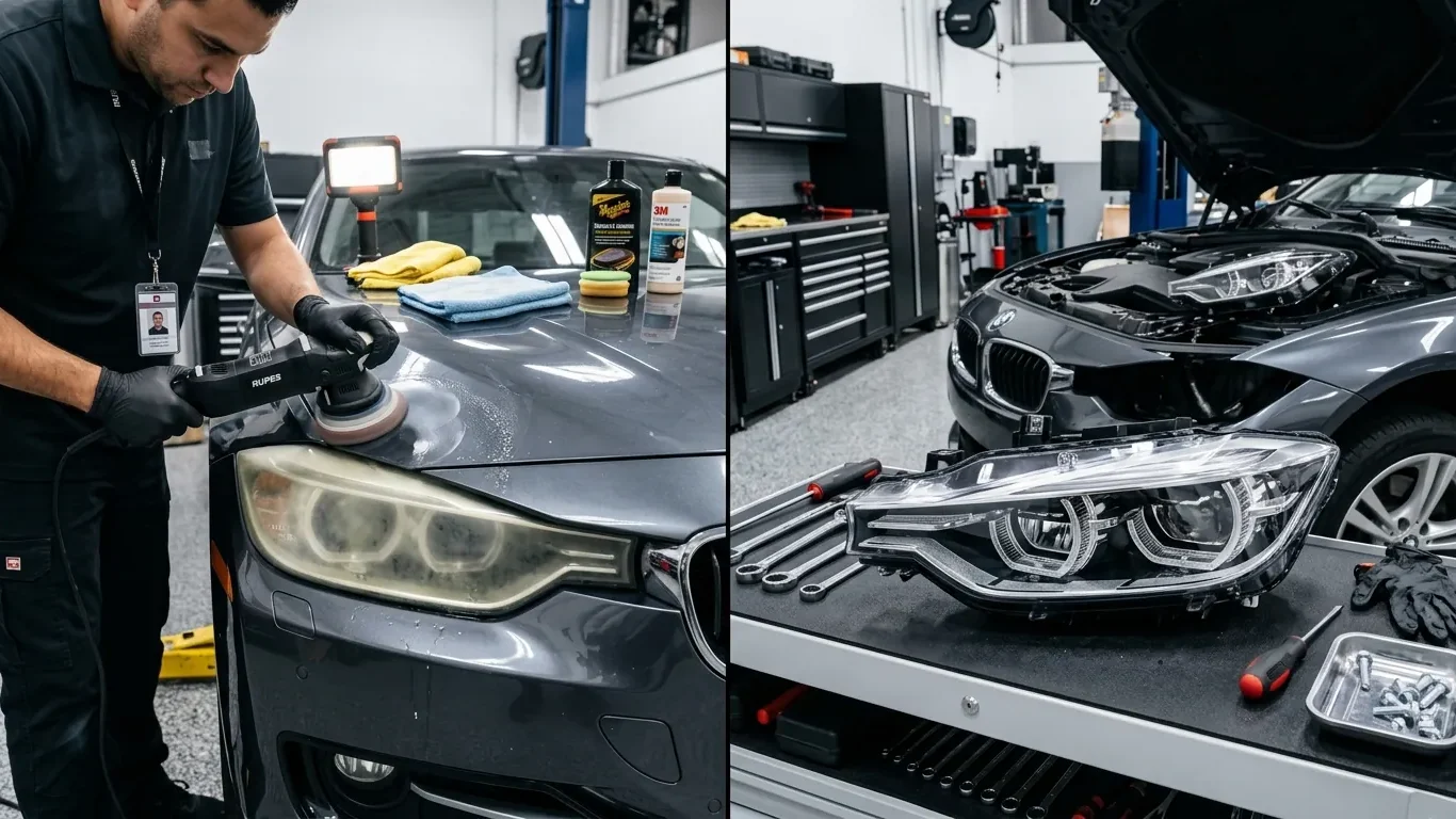 Headlight restoration cost comparison between restoring an oxidized lens and replacing a headlight assembly.