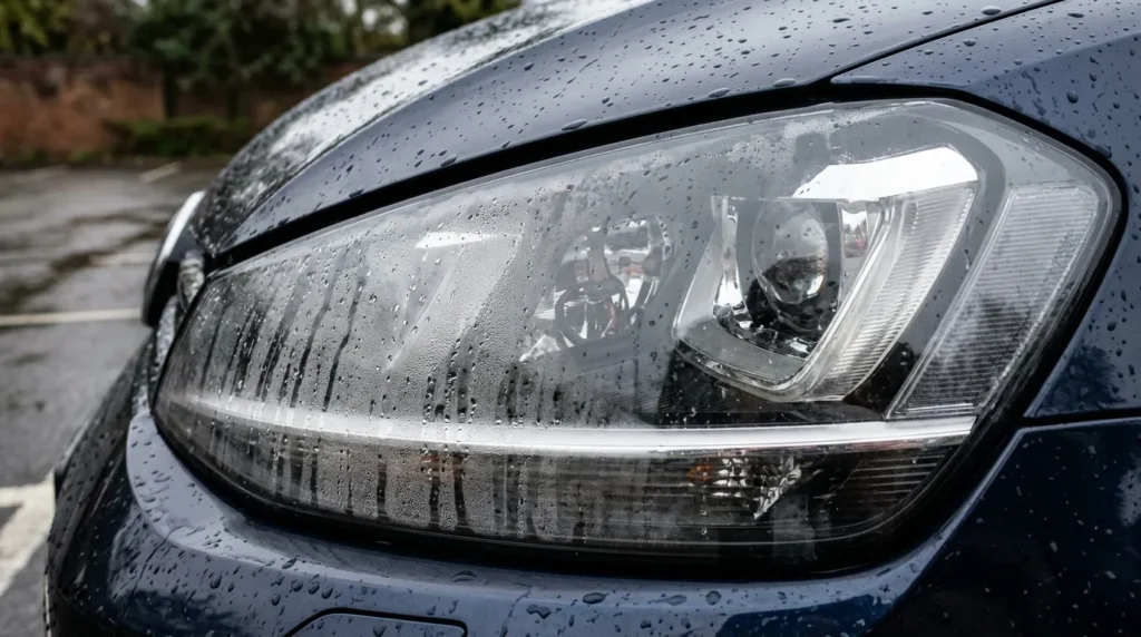 Why are my headlights foggy? Moisture and condensation trapped inside a car headlight assembly.